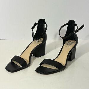 Vince Camuto Black Leather Square Toe Heel Sandal w/ Ankle Strap | Women size 8
